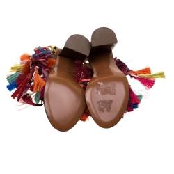 Pre Owned Chloe Multicolor Leather And Suede Tassel Detail Block Heel Sandals Size 36