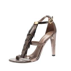 Chloe Metallic Leather Fringe Detail Ankle Strap Sandals Size 40