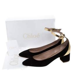 Pre Owned Chloe Black Suede And Gold Leather Block Heel Ankle Strap Pumps Size 39