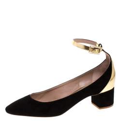 Pre Owned Chloe Black Suede And Gold Leather Block Heel Ankle Strap Pumps Size 39