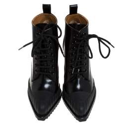 Pre Owned Chloé Black Leather Rylee Rubber Cap Toe Lace Up Ankle Boots Size 37.5