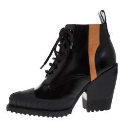 Pre Owned Chloé Black Leather Rylee Rubber Cap Toe Lace Up Ankle Boots Size 37.5