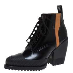 Pre Owned Chloé Black Leather Rylee Rubber Cap Toe Lace Up Ankle Boots Size 37.5