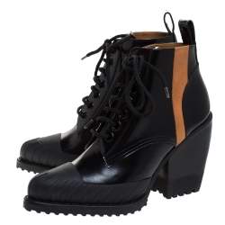 Pre Owned Chloé Black Leather Rylee Rubber Cap Toe Lace Up Ankle Boots Size 37.5