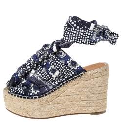 Pre Owned Chloe Blue Floral Printed Canvas Espadrille Wedge Platform Peep Toe Sandals Size 38