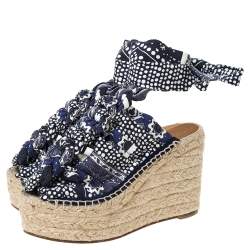 Pre Owned Chloe Blue Floral Printed Canvas Espadrille Wedge Platform Peep Toe Sandals Size 38