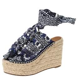 Pre Owned Chloe Blue Floral Printed Canvas Espadrille Wedge Platform Peep Toe Sandals Size 38