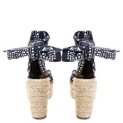 Pre Owned Chloe Blue Floral Printed Canvas Espadrille Wedge Platform Peep Toe Sandals Size 38