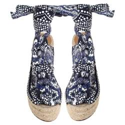 Pre Owned Chloe Blue Floral Printed Canvas Espadrille Wedge Platform Peep Toe Sandals Size 38