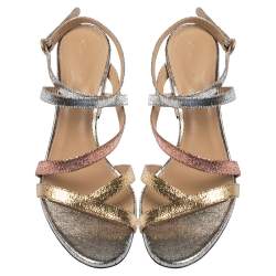Pre Owned Chloe Metallic Multicolor Crackled Leather Ankle Strap Sandals Size 39