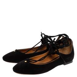 Pre Owned Chloe Black Suede Foster Lace-up Ballet Flats Size 36.5