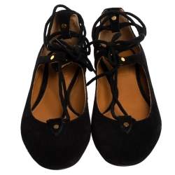 Pre Owned Chloe Black Suede Foster Lace-up Ballet Flats Size 36.5