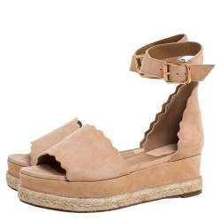 Pre Owned Chloe Beige Suede Scalloped Platform Espadrille Sandals Size 37