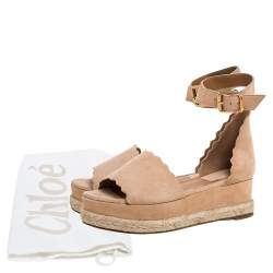 Pre Owned Chloe Beige Suede Scalloped Platform Espadrille Sandals Size 37