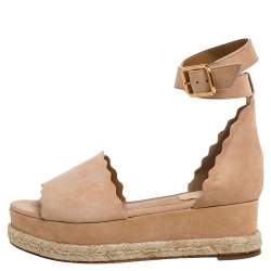 Pre Owned Chloe Beige Suede Scalloped Platform Espadrille Sandals Size 37