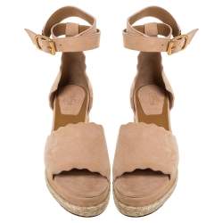 Pre Owned Chloe Beige Suede Scalloped Platform Espadrille Sandals Size 37