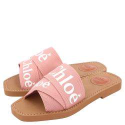 Pre Owned Chloe Light Pink Canvas 'Woody' Logo Print Strap Sandals Size 35
