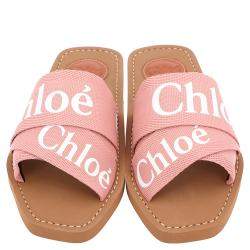 Pre Owned Chloe Light Pink Canvas 'Woody' Logo Print Strap Sandals Size 35