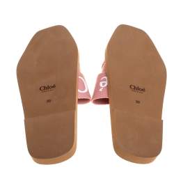 Pre Owned Chloe Pink Canvas Logo Ribbon Woody Flat Slide Sandals Size 39