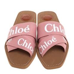 Pre Owned Chloe Pink Canvas Logo Ribbon Woody Flat Slide Sandals Size 39