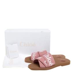 Pre Owned Chloe Pink Canvas Logo Ribbon Woody Flat Slide Sandals Size 39