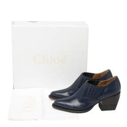 Pre Owned Chloe Blue Snake Embossed Leather Block Heel Ankle Booties Size 37