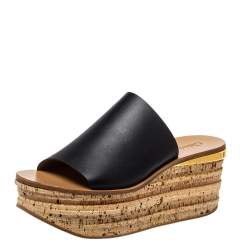 Pre Owned Chloé Black Leather Wedge Mules Sandals Size 38