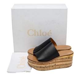Pre Owned Chloé Black Leather Wedge Mules Sandals Size 38