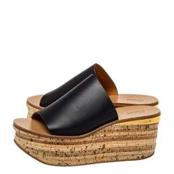 Pre Owned Chloé Black Leather Wedge Mules Sandals Size 38