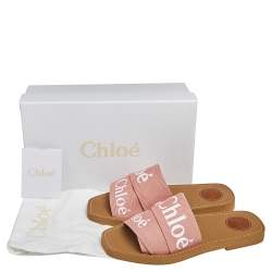 Pre Owned Chloe Pink Fabric Woody Logo Flat Slides Size 38