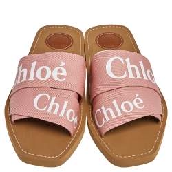 Pre Owned Chloe Pink Fabric Woody Logo Flat Slides Size 38