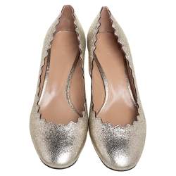 Pre Owned Chloe Gold Leather Lauren Scallop Trim Block Heel Pumps Size 38.5