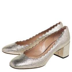 Pre Owned Chloe Gold Leather Lauren Scallop Trim Block Heel Pumps Size 38.5