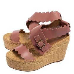 Chloe Pink Scalloped Leather Lauren Espadrille Wedge Sandals Size 39