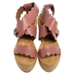 Chloe Pink Scalloped Leather Lauren Espadrille Wedge Sandals Size 39