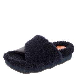 Chloe Navy Blue/Black Shearling Fur and Leather Platform Flat Slides Size 38