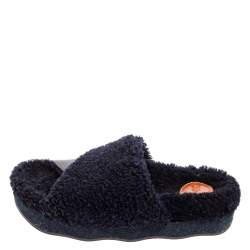 Chloe Navy Blue/Black Shearling Fur and Leather Platform Flat Slides Size 38