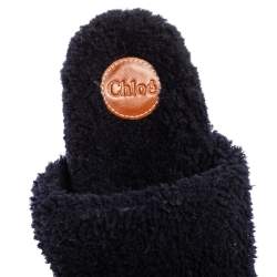 Chloe Navy Blue/Black Shearling Fur and Leather Platform Flat Slides Size 38