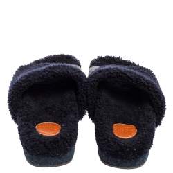 Chloe Navy Blue/Black Shearling Fur and Leather Platform Flat Slides Size 38