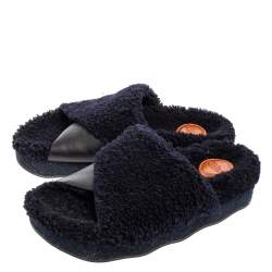Chloe Navy Blue/Black Shearling Fur and Leather Platform Flat Slides Size 38