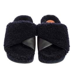 Chloe Navy Blue/Black Shearling Fur and Leather Platform Flat Slides Size 38