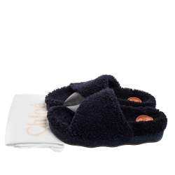 Chloe Navy Blue/Black Shearling Fur and Leather Platform Flat Slides Size 38