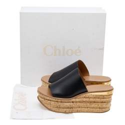 Chloe Black Leather Cork Wedge Platform Slide Sandals Size 39