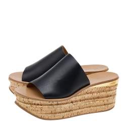 Chloe Black Leather Cork Wedge Platform Slide Sandals Size 39