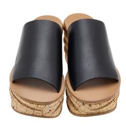 Chloe Black Leather Cork Wedge Platform Slide Sandals Size 39