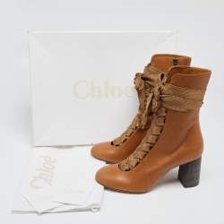 Pre Owned Chloe Brown Leather Harper Block Heel Ankle Boots Size 38