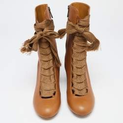 Pre Owned Chloe Brown Leather Harper Block Heel Ankle Boots Size 38