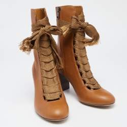 Pre Owned Chloe Brown Leather Harper Block Heel Ankle Boots Size 38