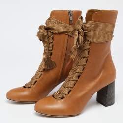 Pre Owned Chloe Brown Leather Harper Block Heel Ankle Boots Size 38