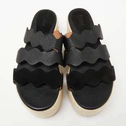 Chloe Black Suede Leather Espadrille Platform Slide Sandals Size 37